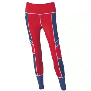 Dover Sadlers equine tech leggings with silicon seat, blue, and red blocking xs